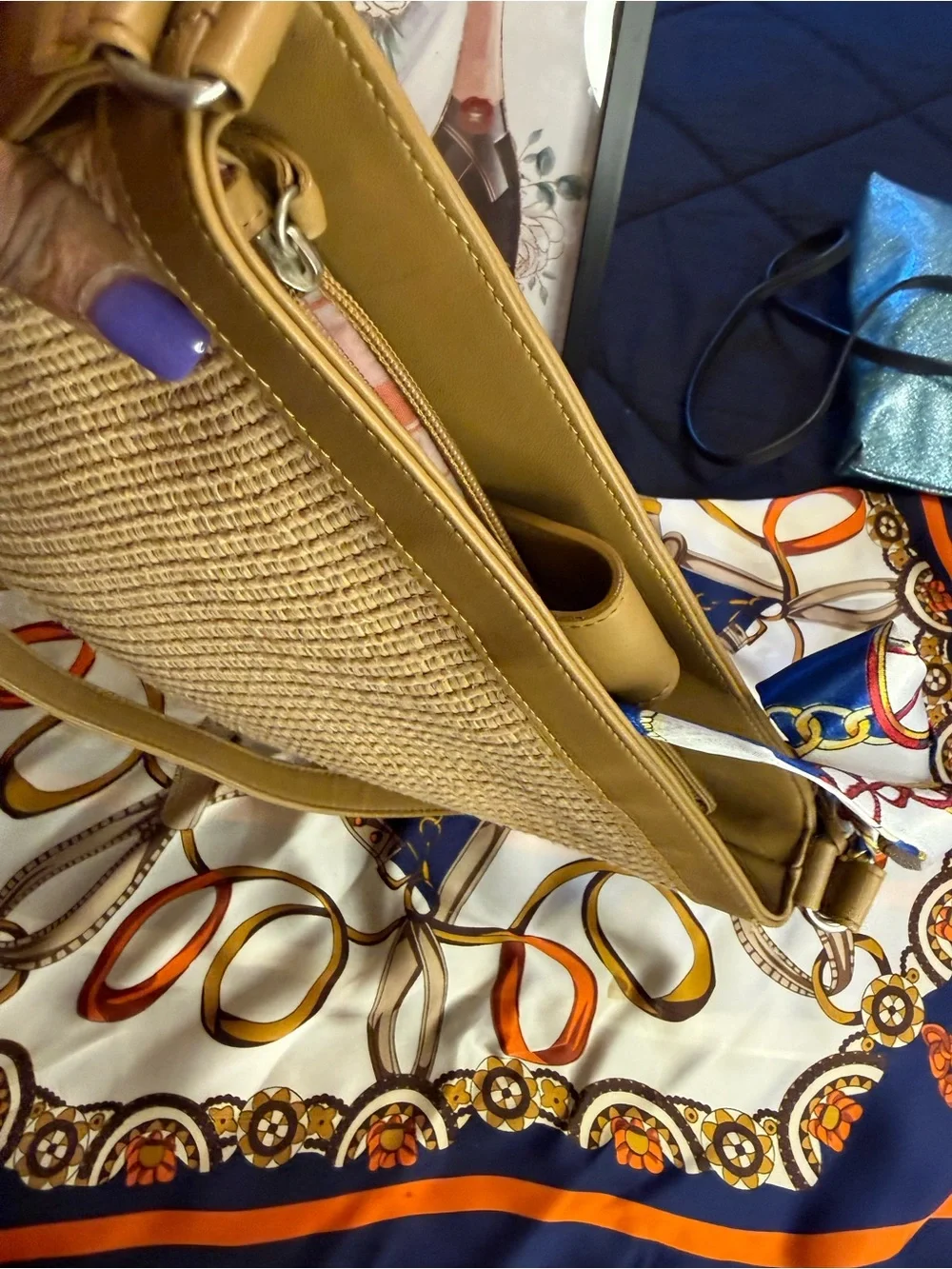 Fossil Tan Woven Tote with Navy Scarf Accent